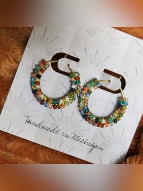 Multicolor Seed Bead Hoop Earrings on Gold Tone Hoops